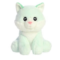 Darling kitty plush with a neon foam green hue, sparkling embroidered eyes, and an eco-nation tag hanging from its neck