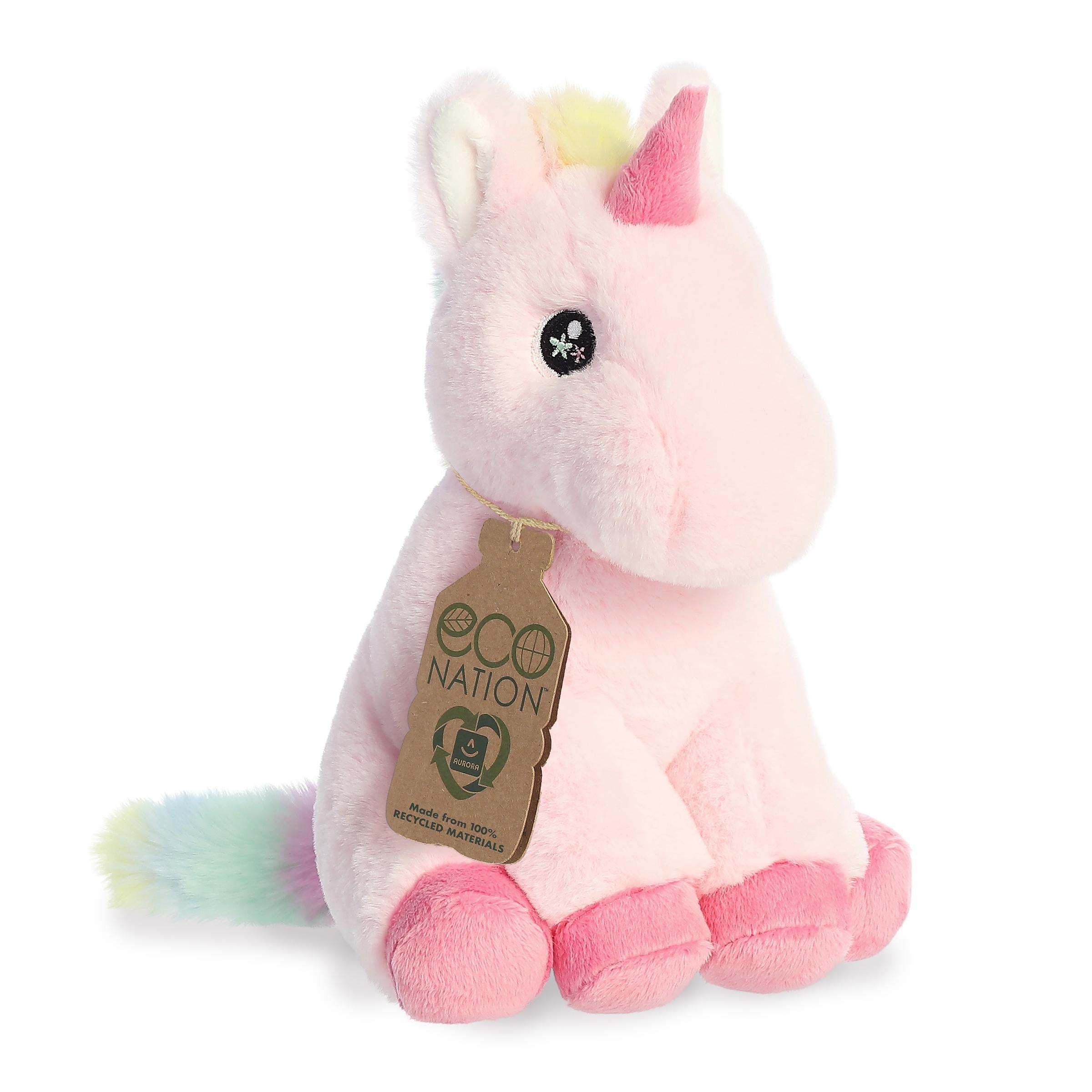 Magical unicorn plush with a bright pink body and rainbow tail, embroidered sparkling eyes, and an eco-nation tag