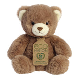 Fluffy bear plush with fluffy soft brown fur, sweet embroidered eyes, and an eco-nation tag hanging from its neck