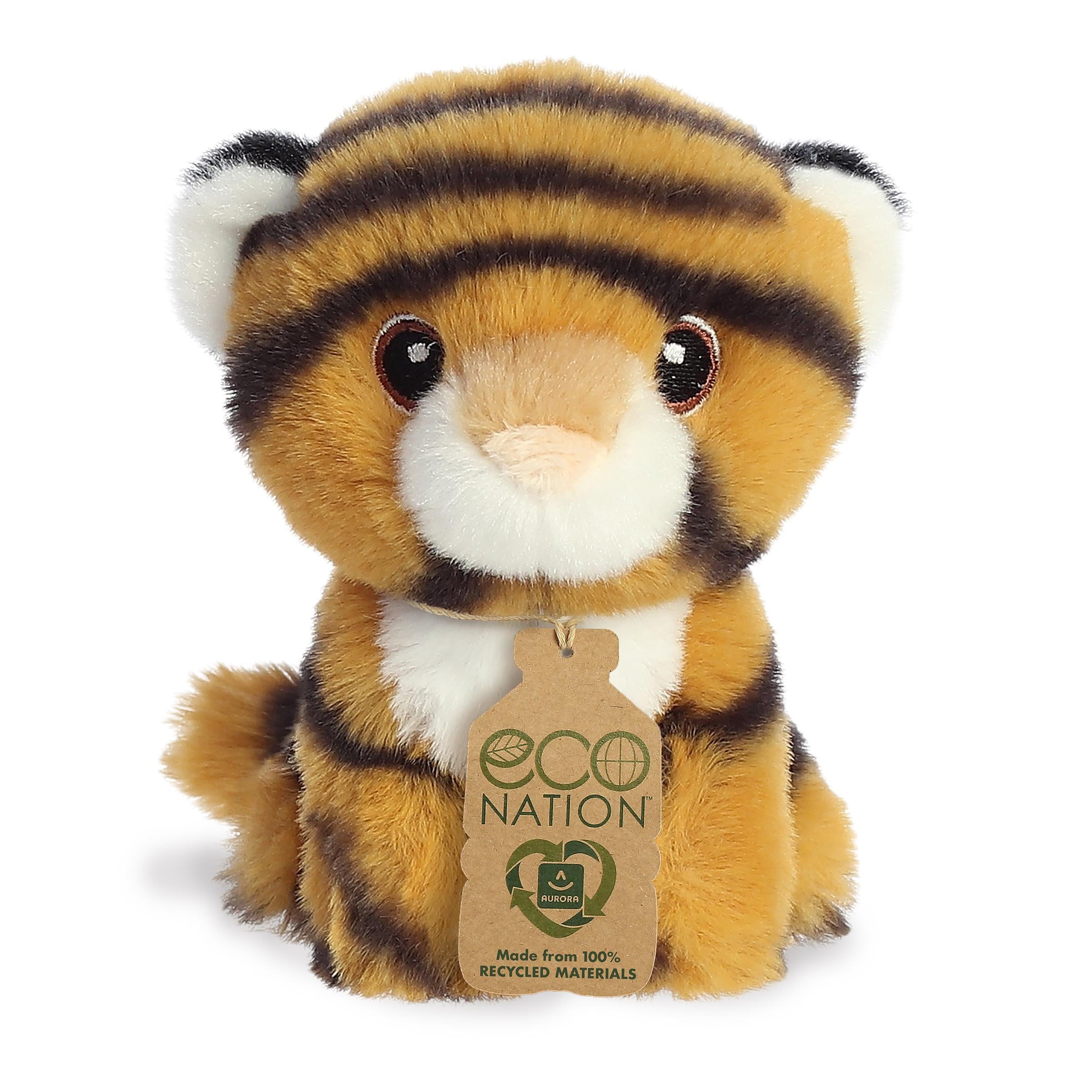 Lovely mini tiger plush with an orange and black coat, sweet embroidered eyes, and an eco-nation tag by its neck