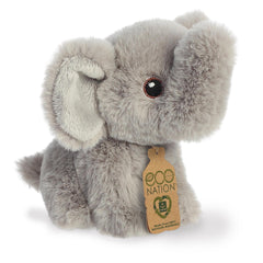Cute mini elephant plush with a fluffy grey coat and trunk, innocent embroidered eyes, and an eco-nation tag