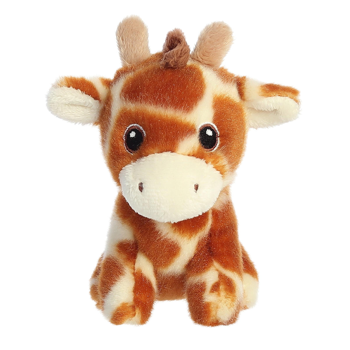 Precious mini giraffe plush with a traditional orange and tan pattern, adorable embroidered eyes, and an eco-nation tag