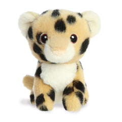 Lovable mini cheetah plush with a yellow an black-spotted coat, sweet embroidered eyes, and an eco-nation tag