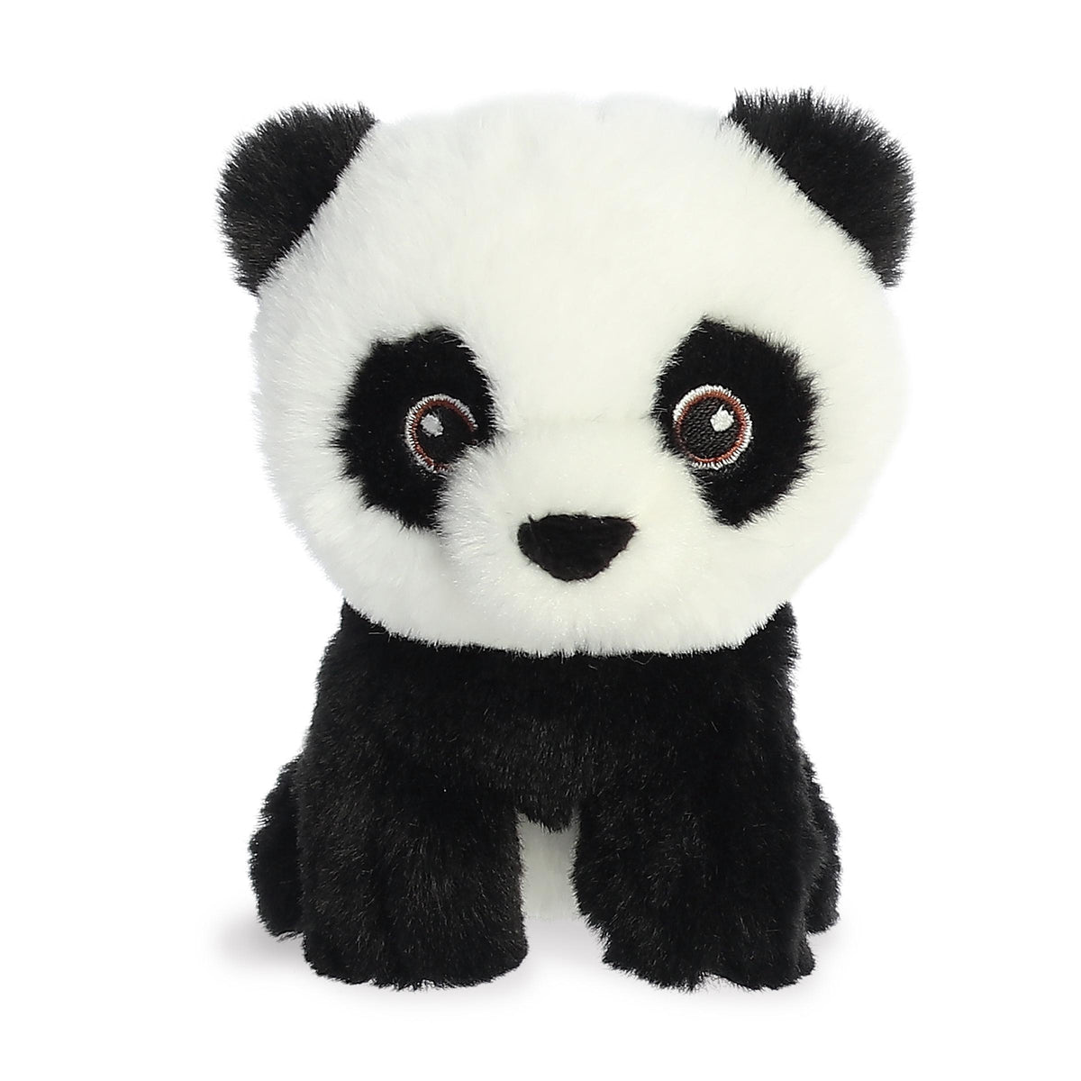 Precious mini panda plush with the traditional black and white coat, wonderfully embroidered eyes, and an eco-nation tag
