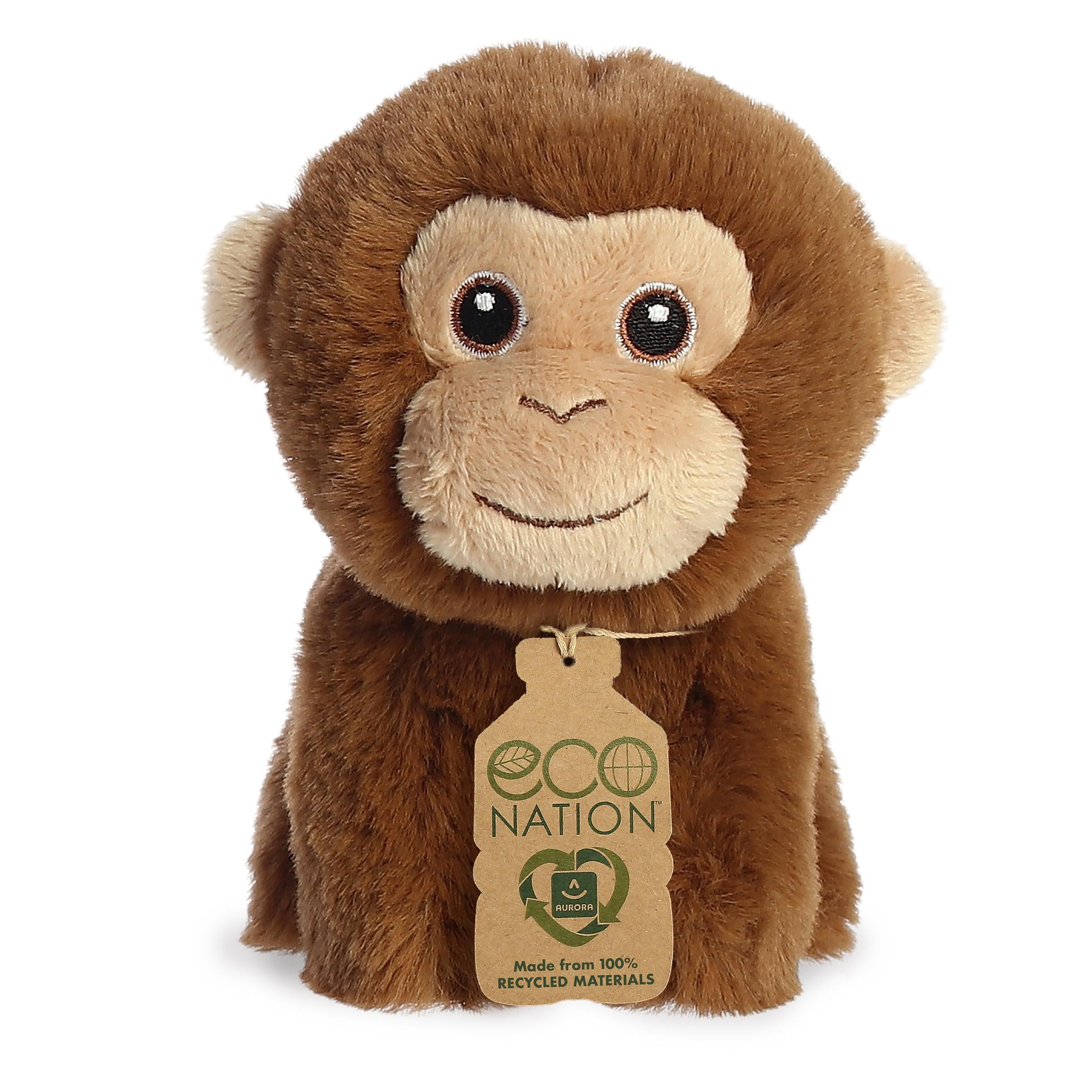 Darling mini monkey plush with a rich brown coat and sweet smile, embroidered eyes, and an eco-nation tag