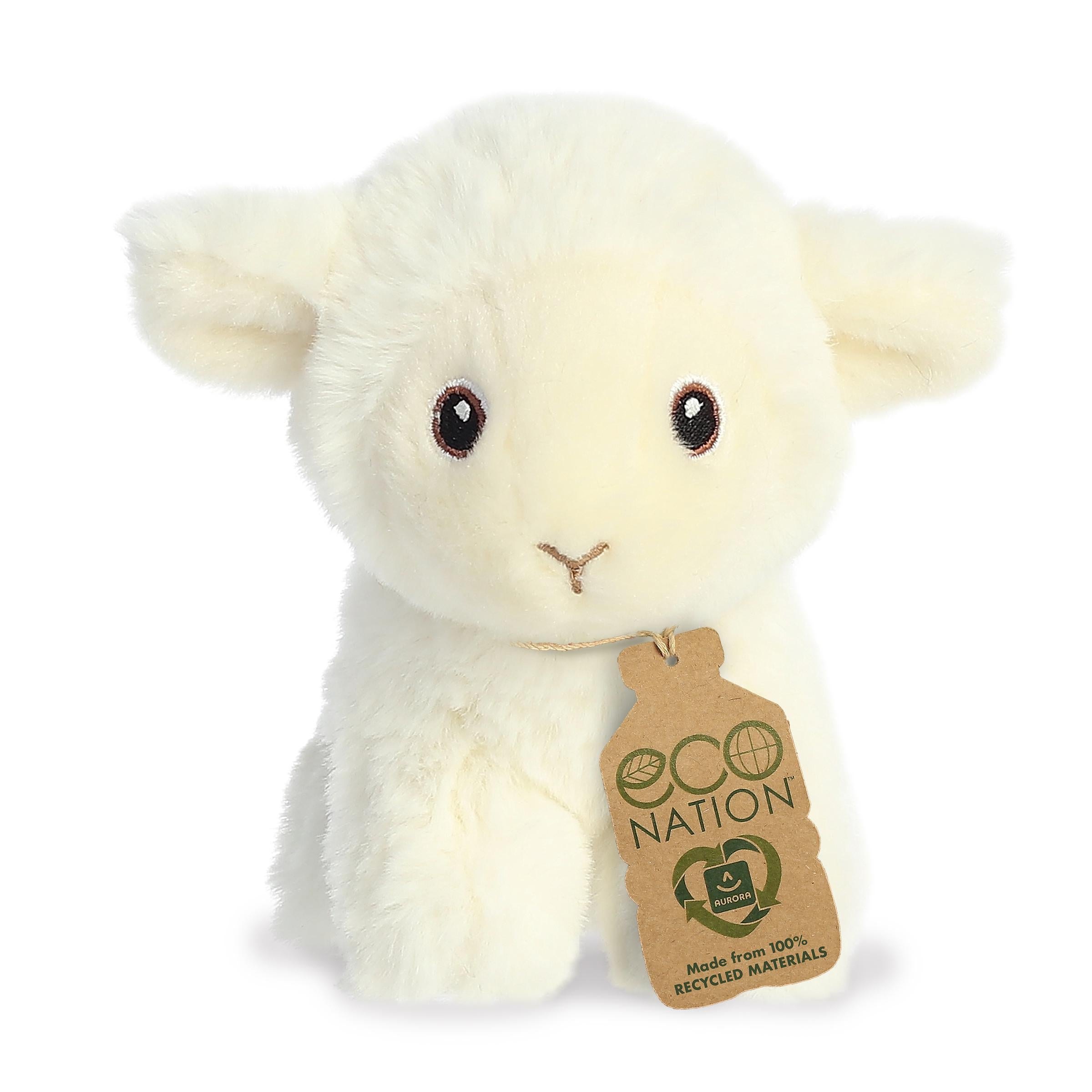 Adorable mini lamb plush with a white cloudlike coat of softness, innocent embroidered eyes, and an eco-nation tag