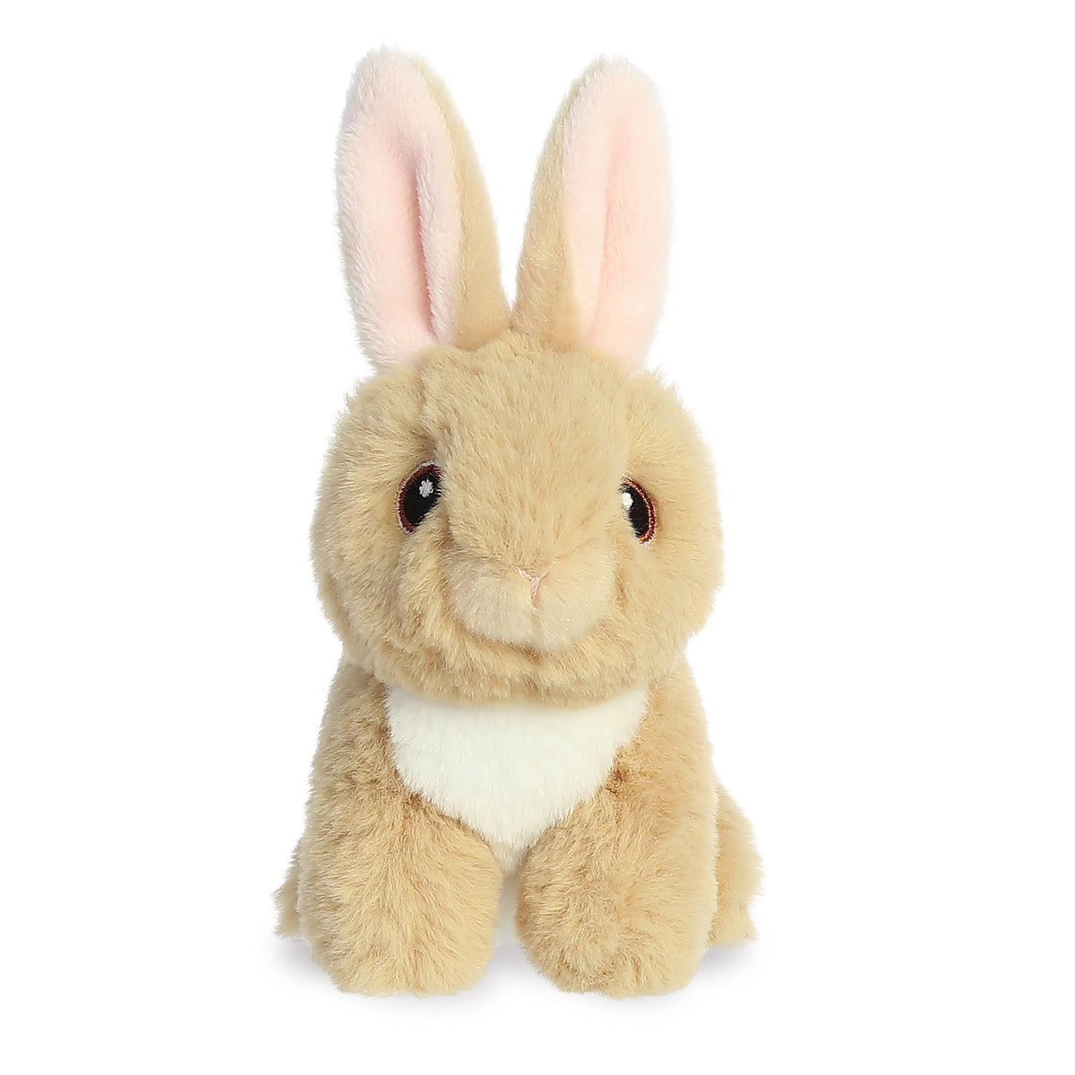 Darling mini bunny plush with a sweet tan coat, long pink ears, adorable embroidered eyes, and an eco-nation tag