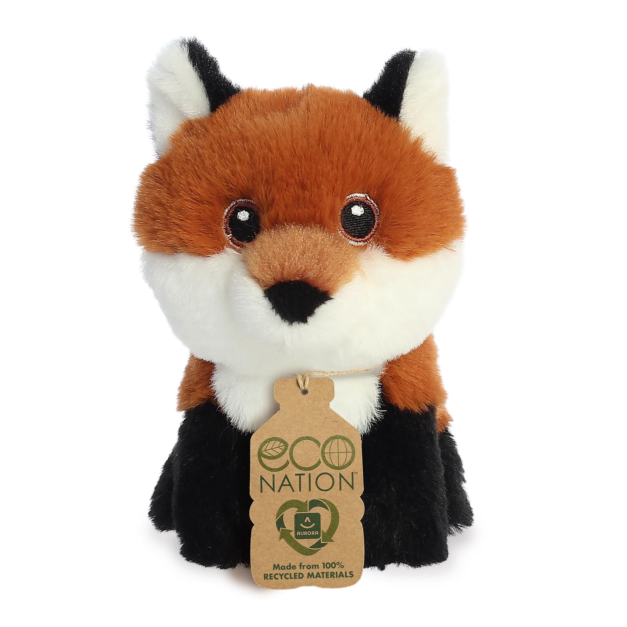 A huggable mini fox plush with orange and white fur, cute black boots, adorable embroidered eyes, and an eco-nation tag