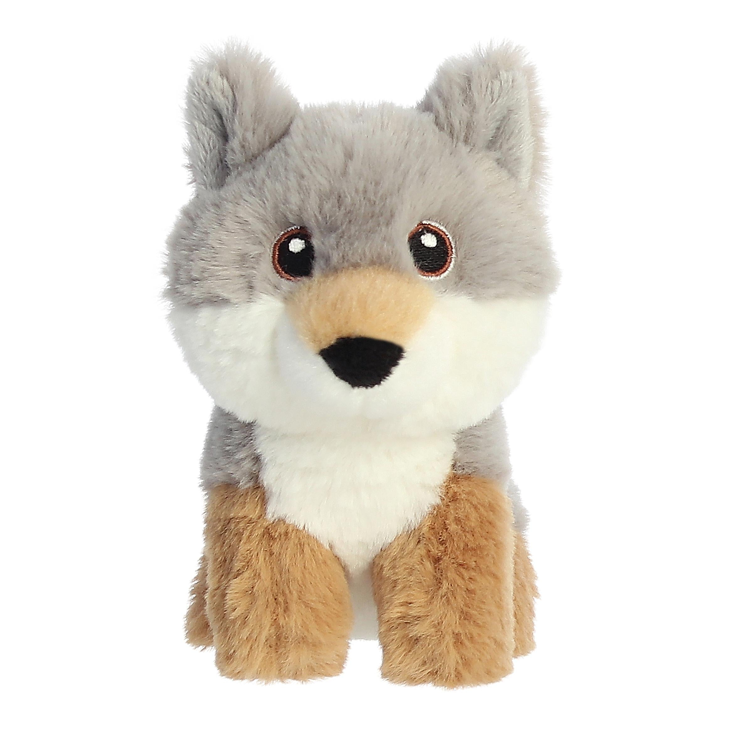 Adorable mini wolf plush with a mixed coat of grey, white, and tan, detailed embroidered eyes, and an eco-nation tag