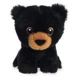 Cute mini black bear plush with a black fur coat and tan nose, loving embroidered eyes, and an eco-nation tag