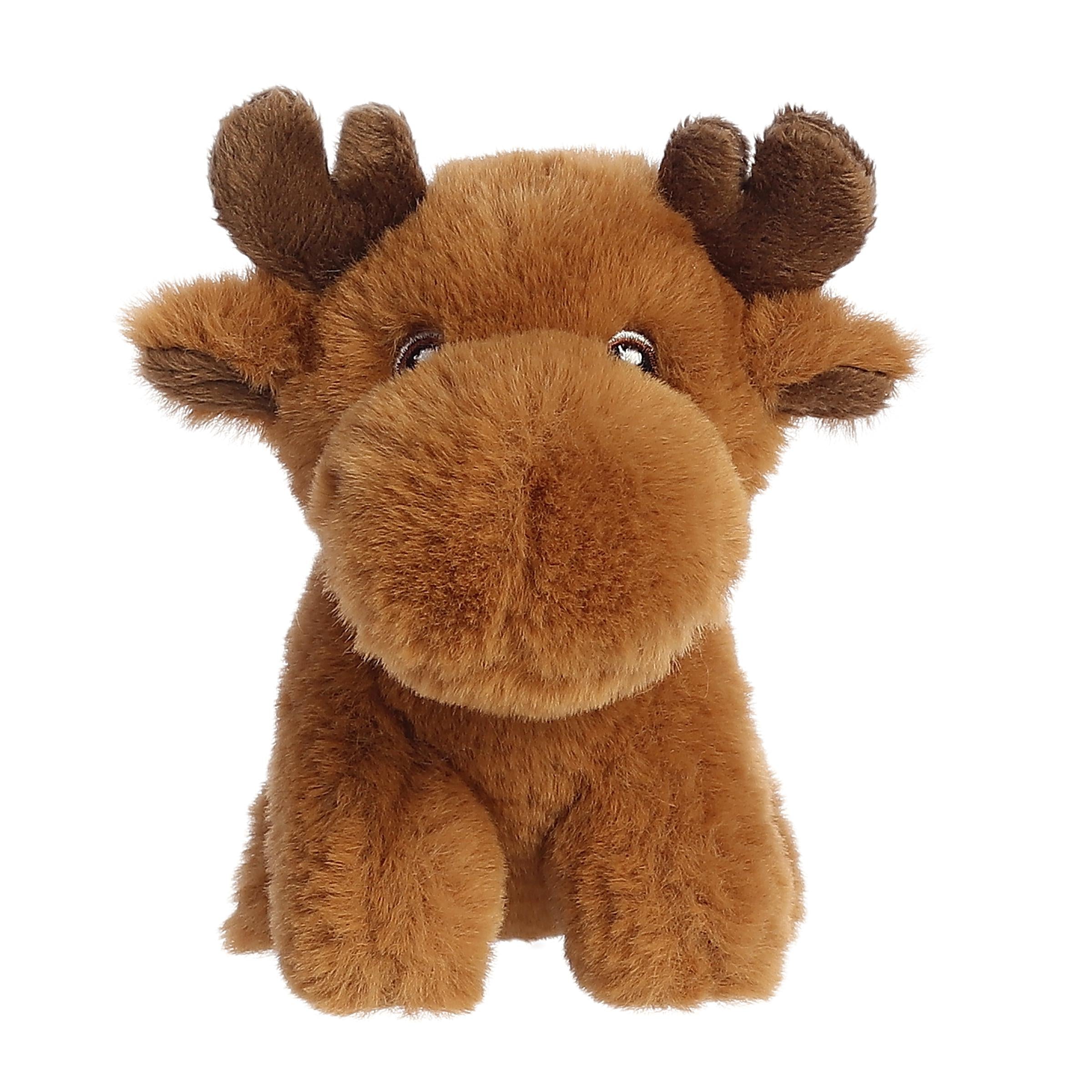 Winsome mini moose plush with a milk-chocolate brown coat and antlers, caring embroidered eyes, and an eco-nation tag