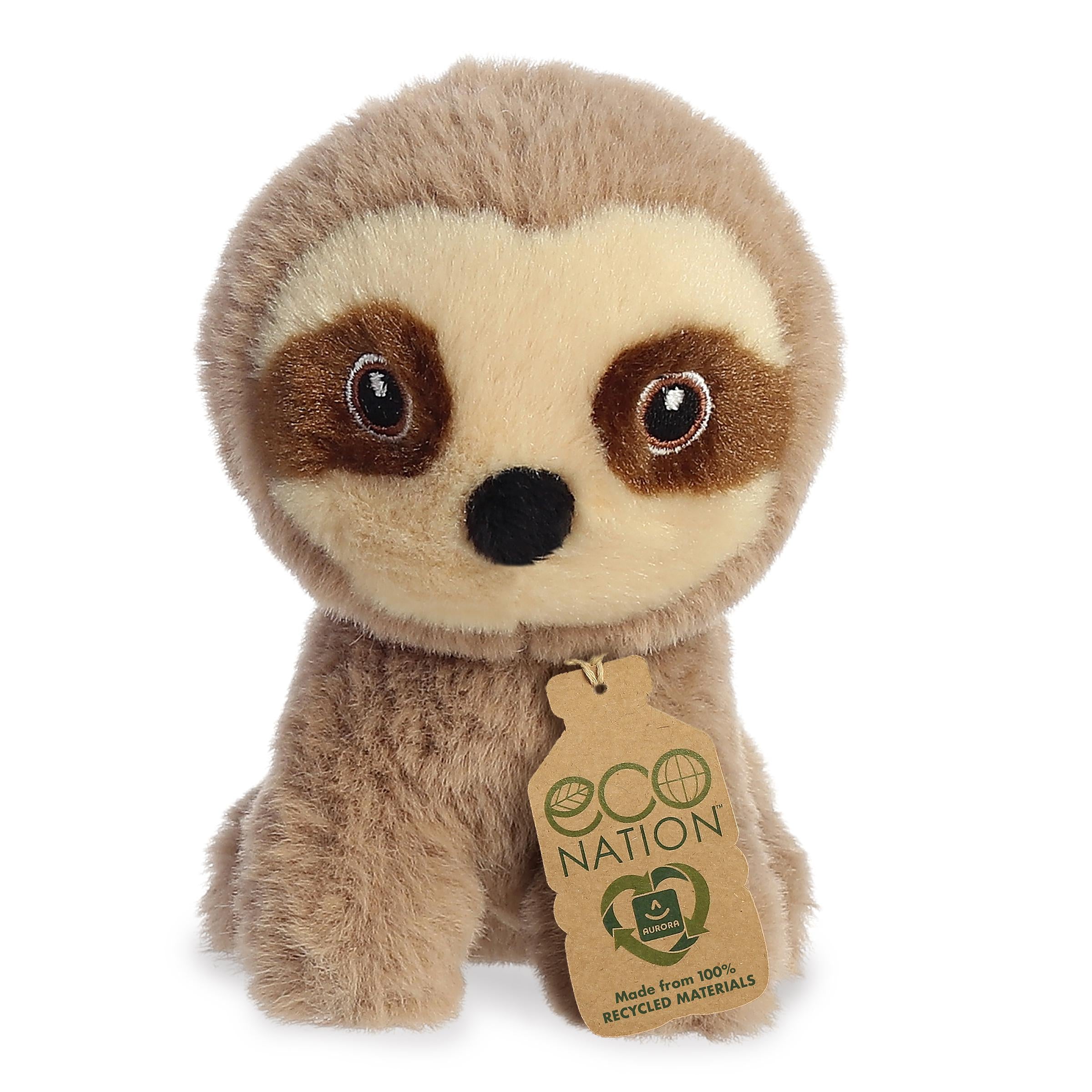 A lovable mini sloth with light brown fur and a black nose, adorable embroidered eyes, and an eco-nation tag