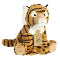 An enchanting tiger plush with glorious orange and black striped fur, embroidered eyes, and an eco-nation tag