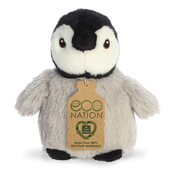 Adorable black, grey, and white penguin plush that has detailed embroidered eyes and an eco-nation tag around its neck.