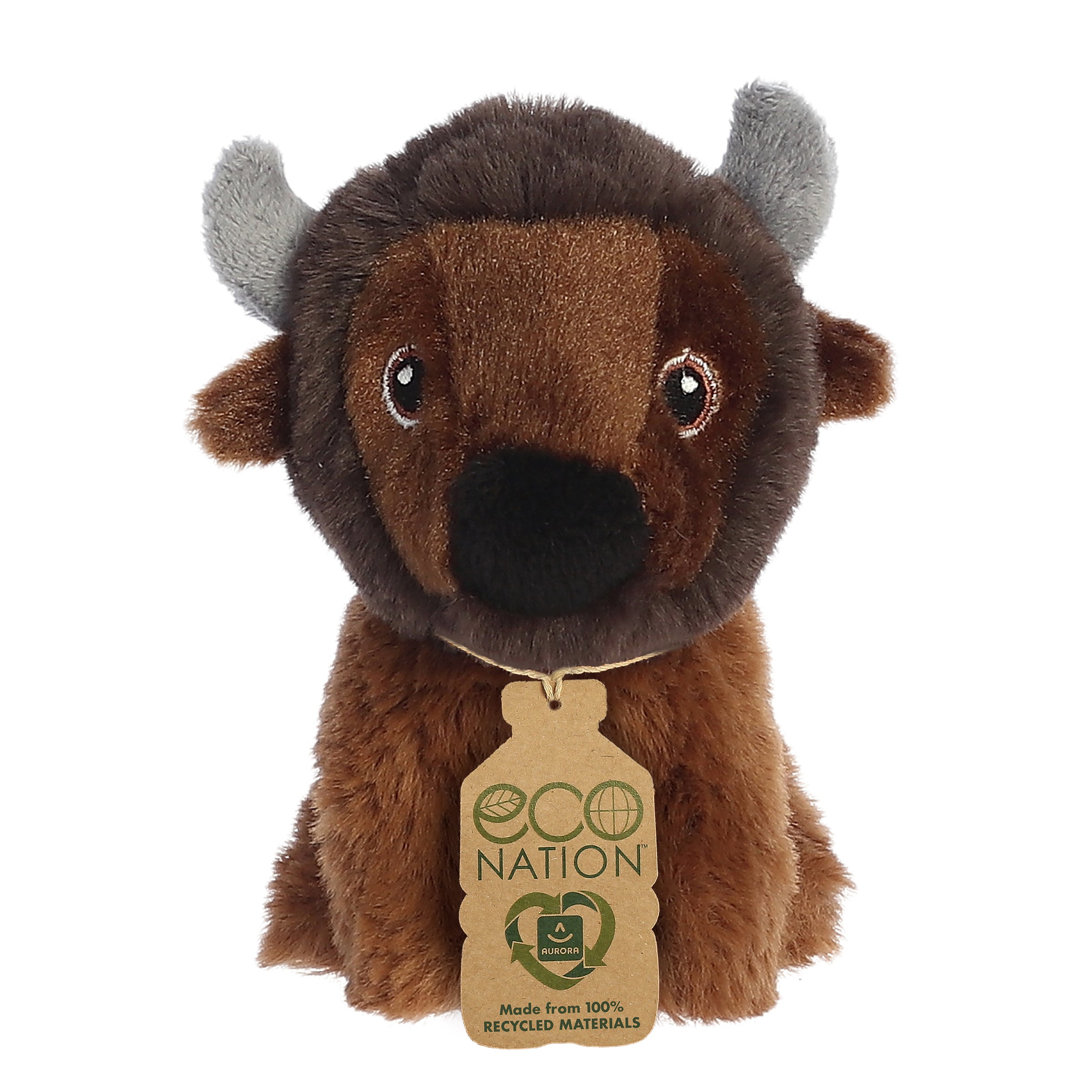 A cute brown bison plush with soft grey horns that have been embroidered with plastic-free eyes with an eco-nation tag.