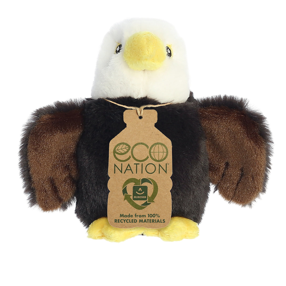 A charming eagle plush with a brown and white coat to resemble feathers with an eco-nation tag around its neck.