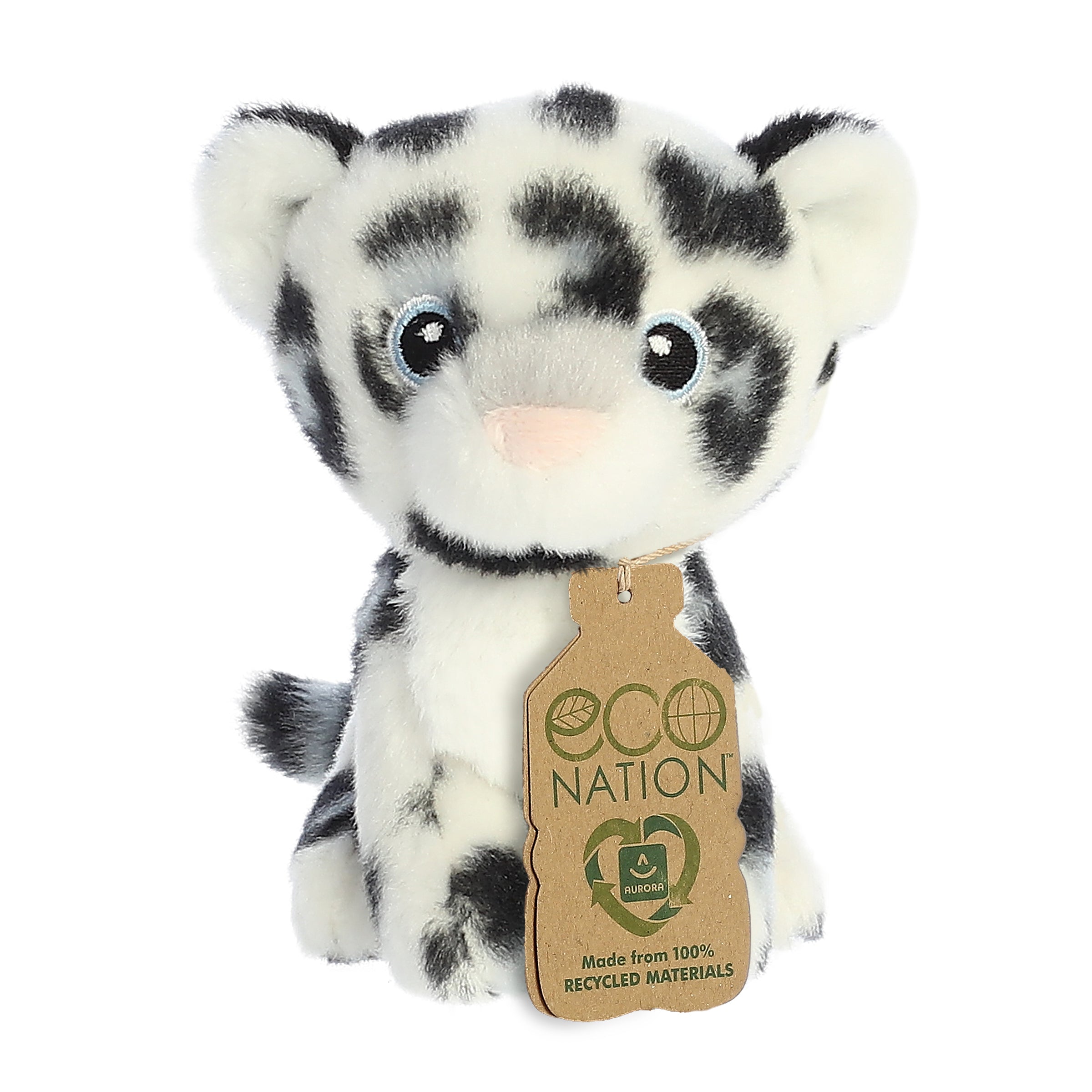 A delightful snow leopard plush with white fur and black spots, and an eco-nation tag around its neck.