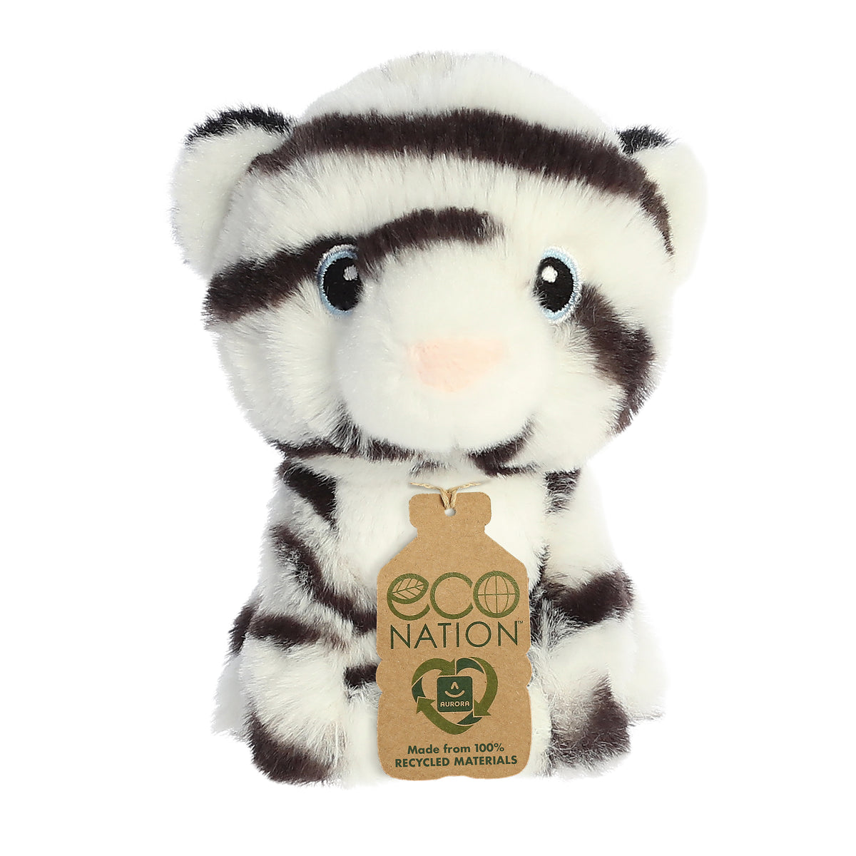 A lovable white tiger plush with white and black stripes on its coat and an eco-nation tag around its neck.