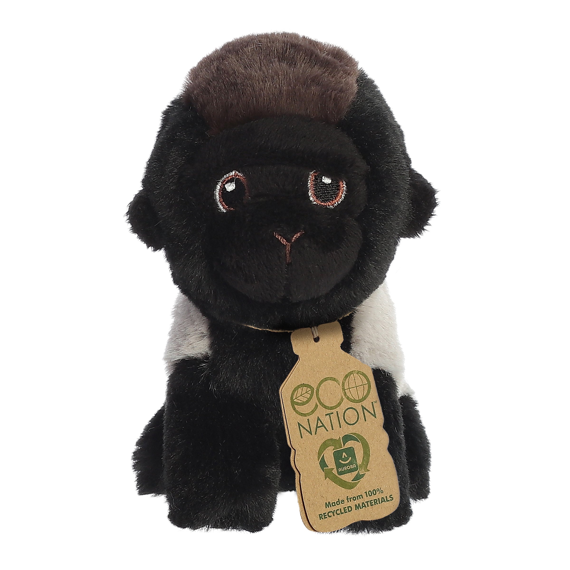 A sweet gorilla plush with a rich black and grey fur coat, embroidered eyes, and an eco-nation tag around its neck