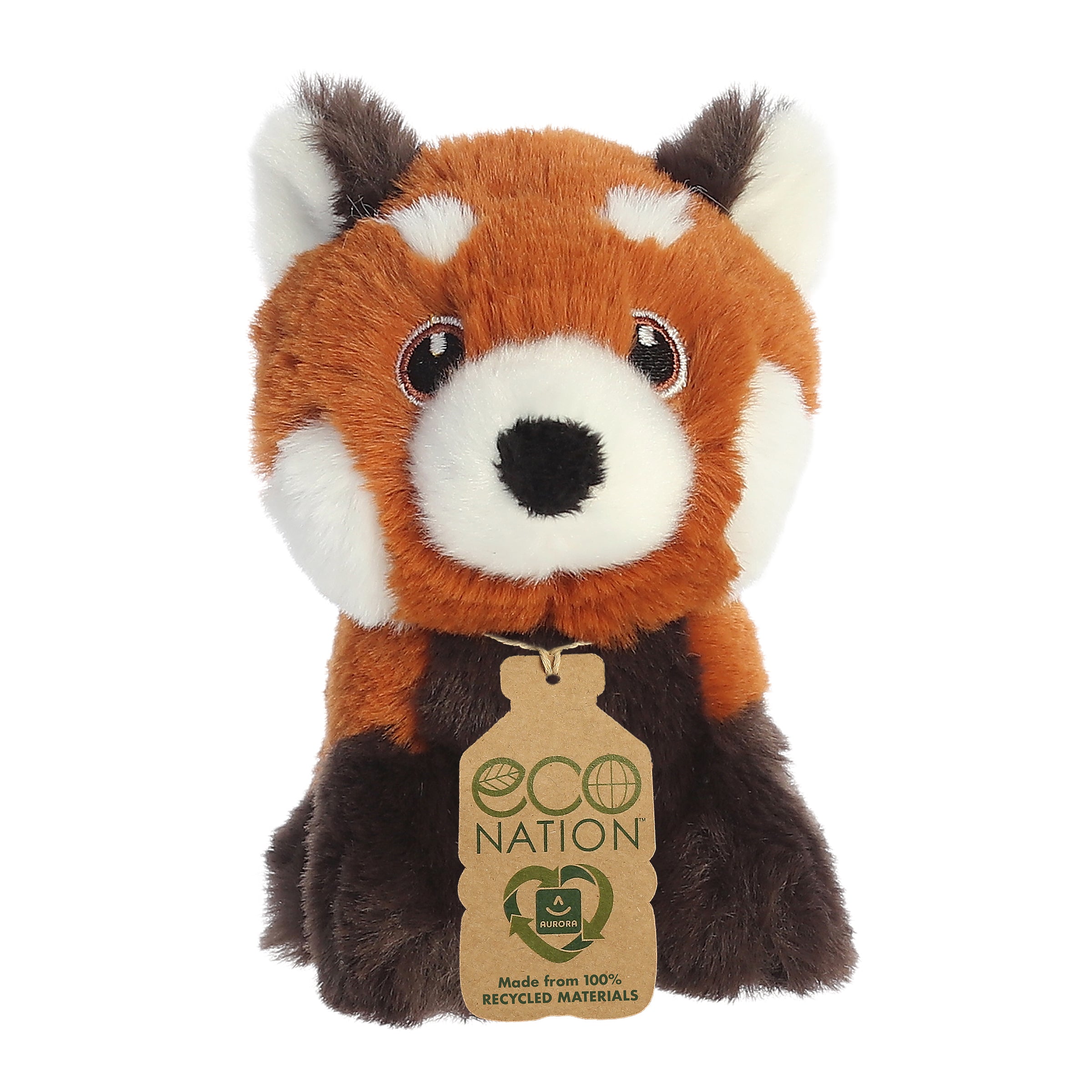 A lovely red panda plush with a combination of orange-brown, white, and black fur throughout, with an eco-nation tag.