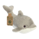 A winsome dolphin plush with a grey and white coat, gentle embroidered eyes, and an eco-nation tag around its tail fin.