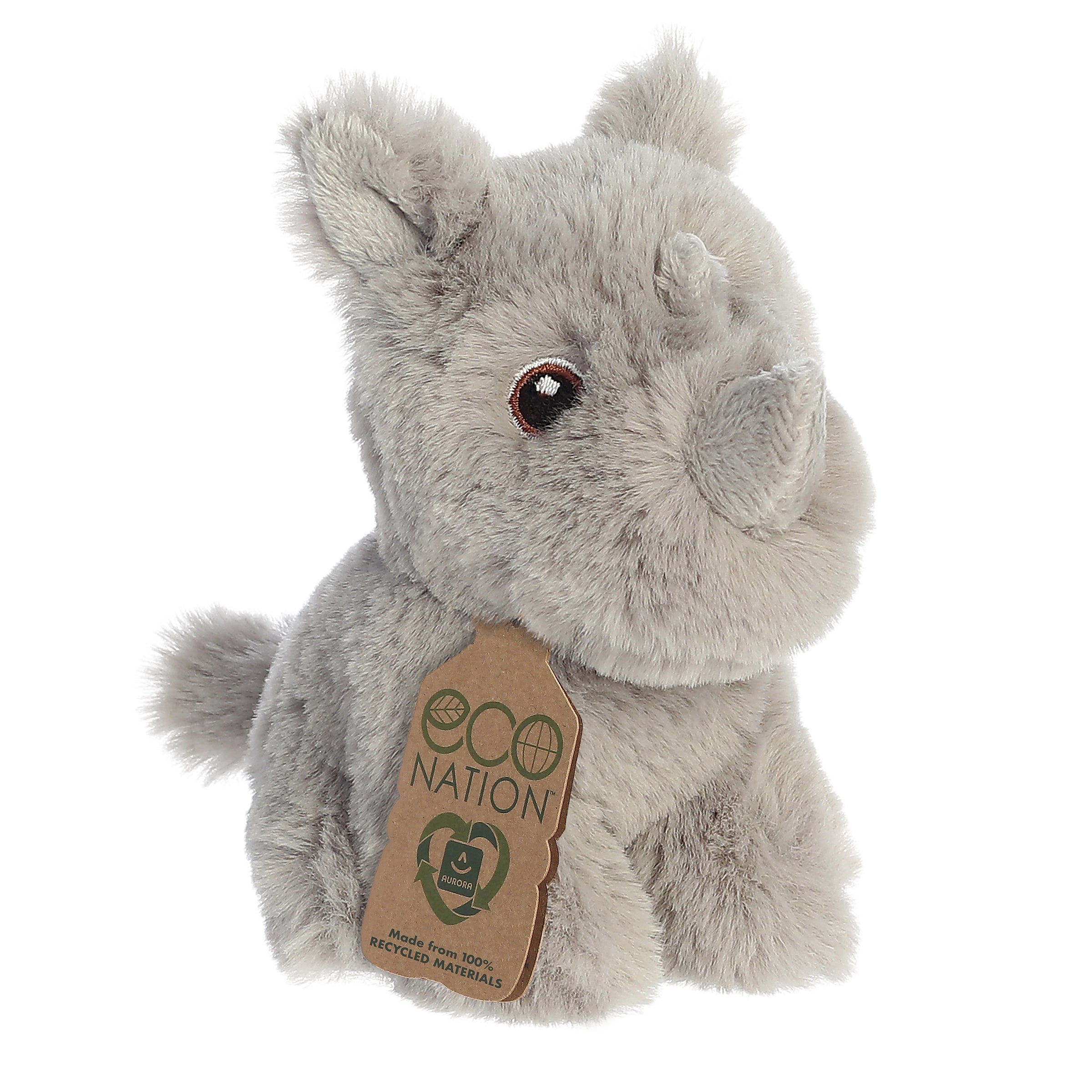 A rhinoceros plush resembling its safari counterpart, with a rich grey coat, gentle embroidered eyes, and an eco-nation tag.