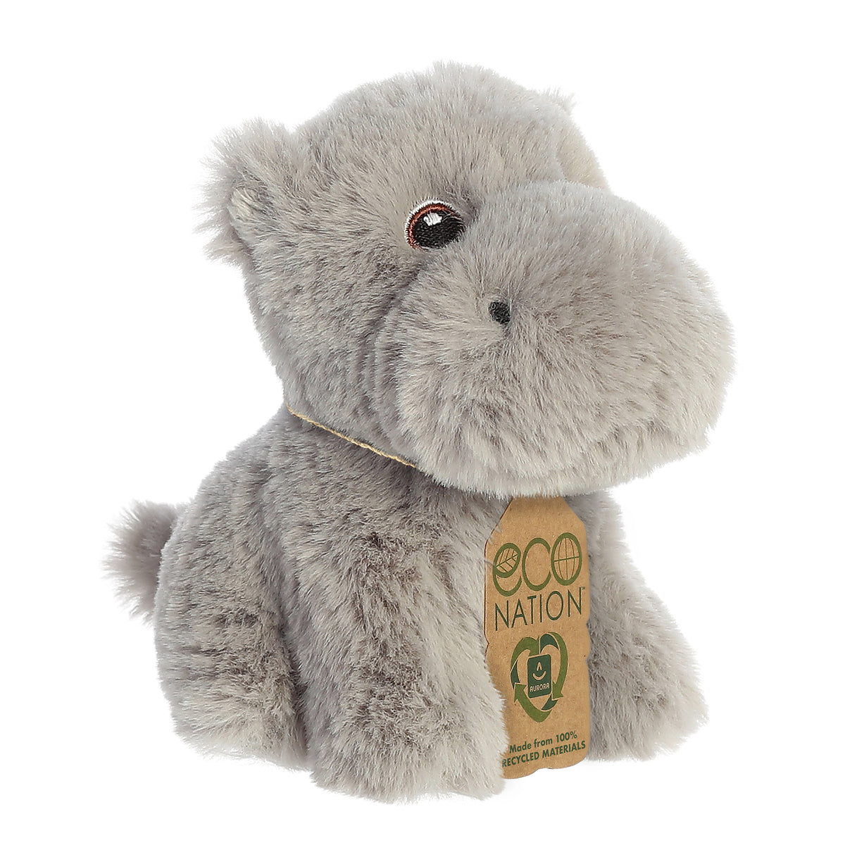 A hippopotamus plush resembling the real animal, with a rich grey coat, embroidered eyes, and an eco-nation tag.