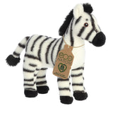 A cute zebra plush resembling the real animal with a black and white pattern, embroidered eyes, and an eco-nation tag.