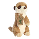 A lovable meerkat plush with tan and brown fur, gentle embroidered eyes, and an eco-nation tag around its neck.