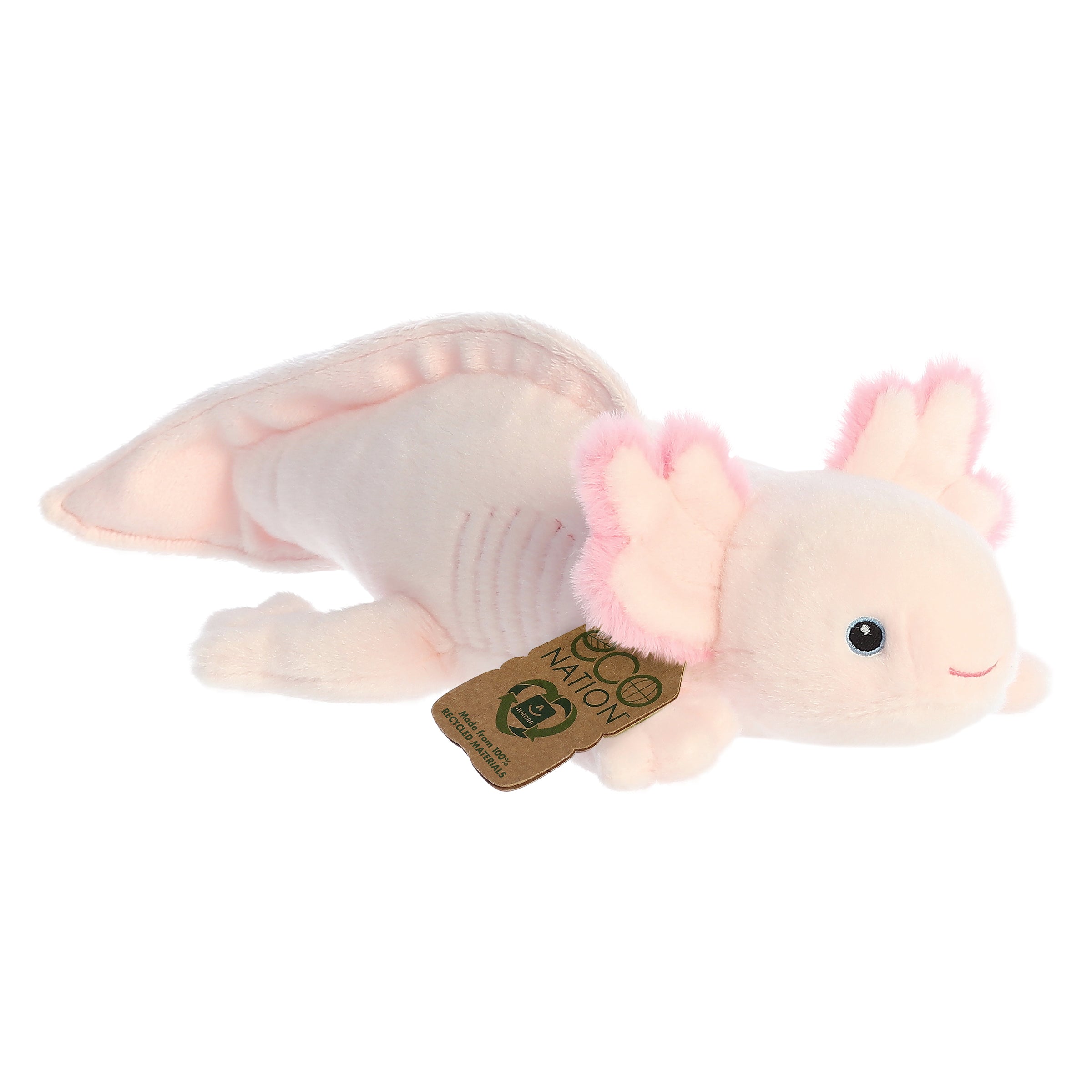 A precious axolotl plush with a vibrant pink coat, fluffy ears, embroidered eyes, and an eco-nation tag around its neck