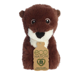 An adorable river otter plush with a rich brown coat, white tummy, gentle embroidered eyes, and an eco-nation tag