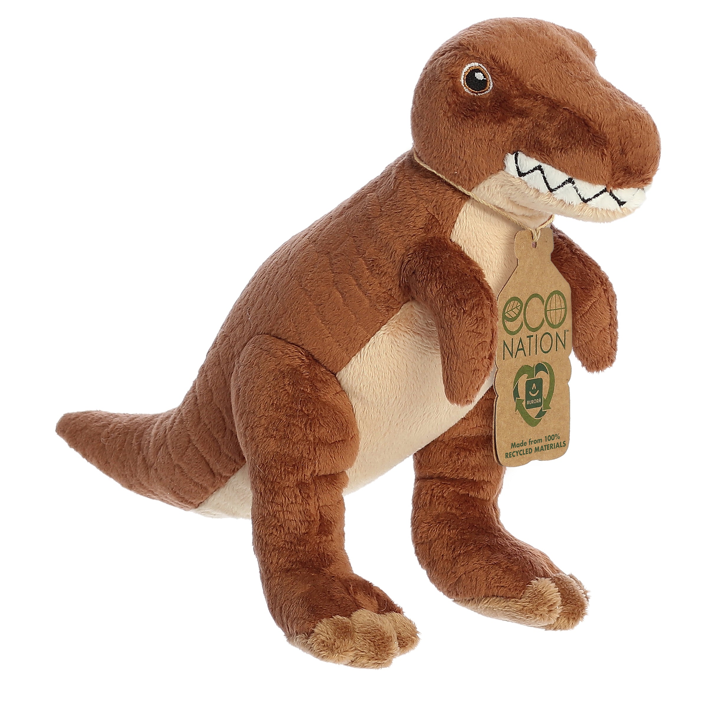 A fiercely lovable T-rex plush with a brown coat, exposed teeth, gentle embroidered eyes, and an eco-nation tag