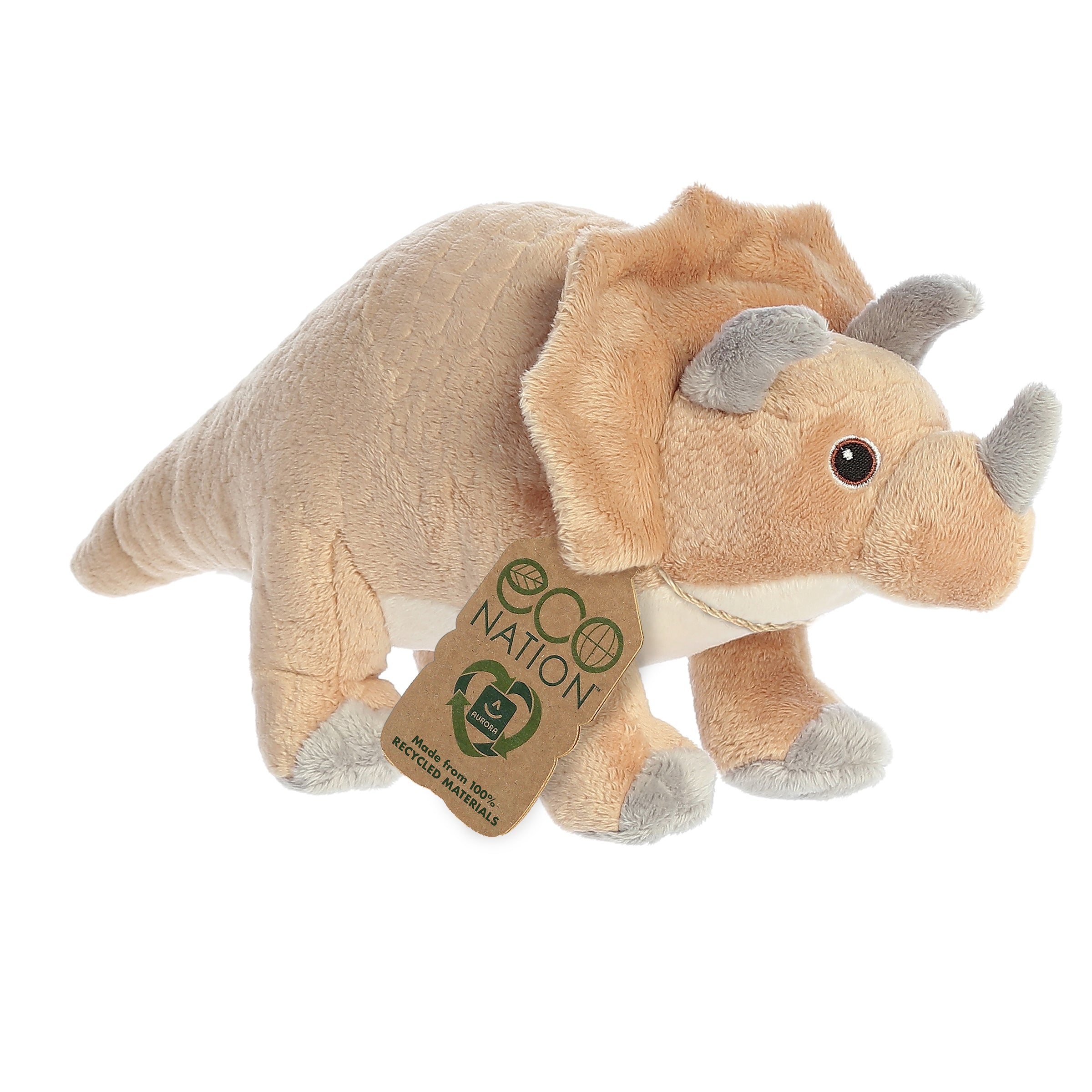 A sweet triceratops plush with three soft grey horns and a tan body, embroidered eyes, and an eco-nation tag