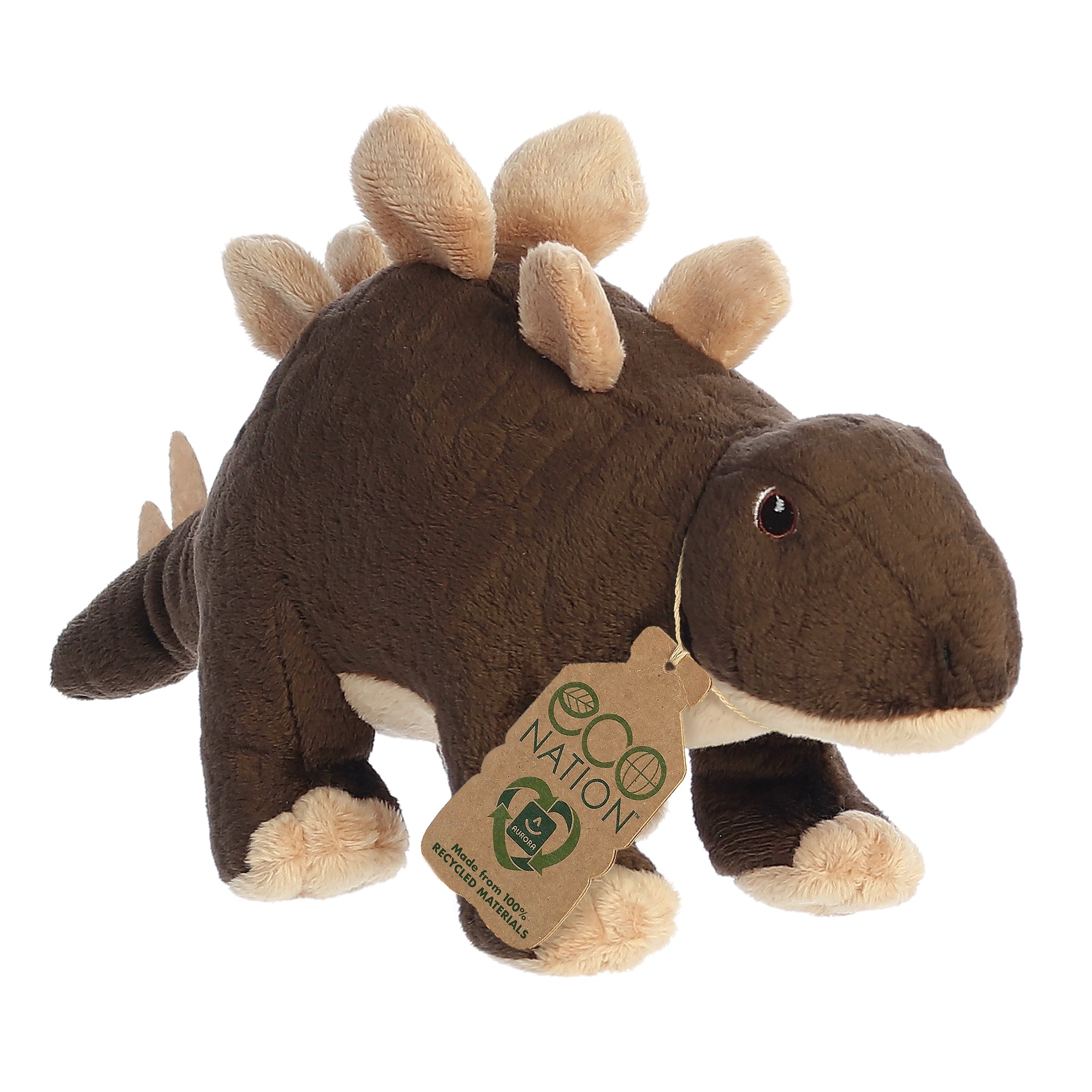 A captivating dino stegosaurus plush with soft plush spikes on its back, embroidered eyes, and an eco-nation tag