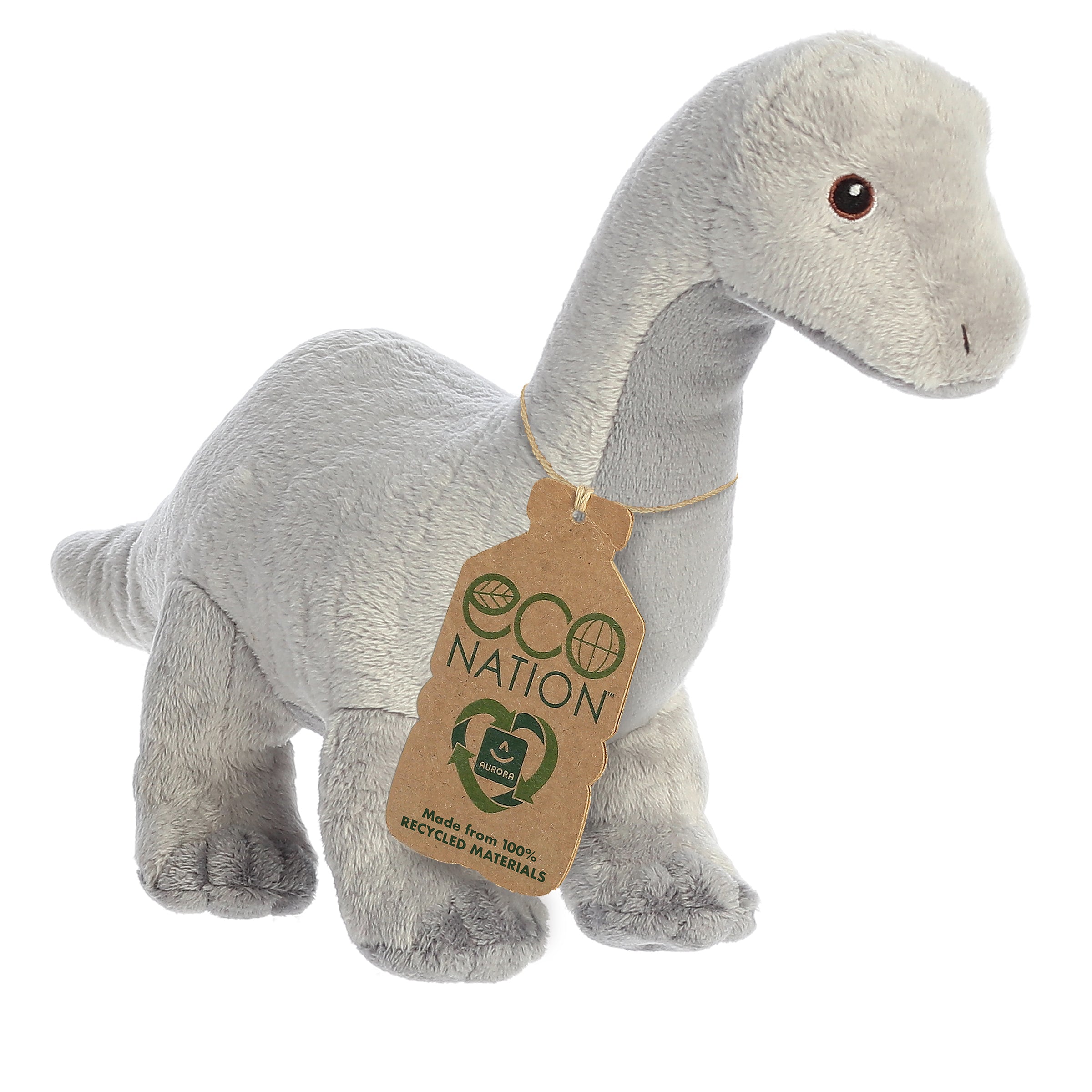 An impressive dino brachiosaurus plush with a grey coat, embroidered eyes, and an eco-nation tag around its long neck.