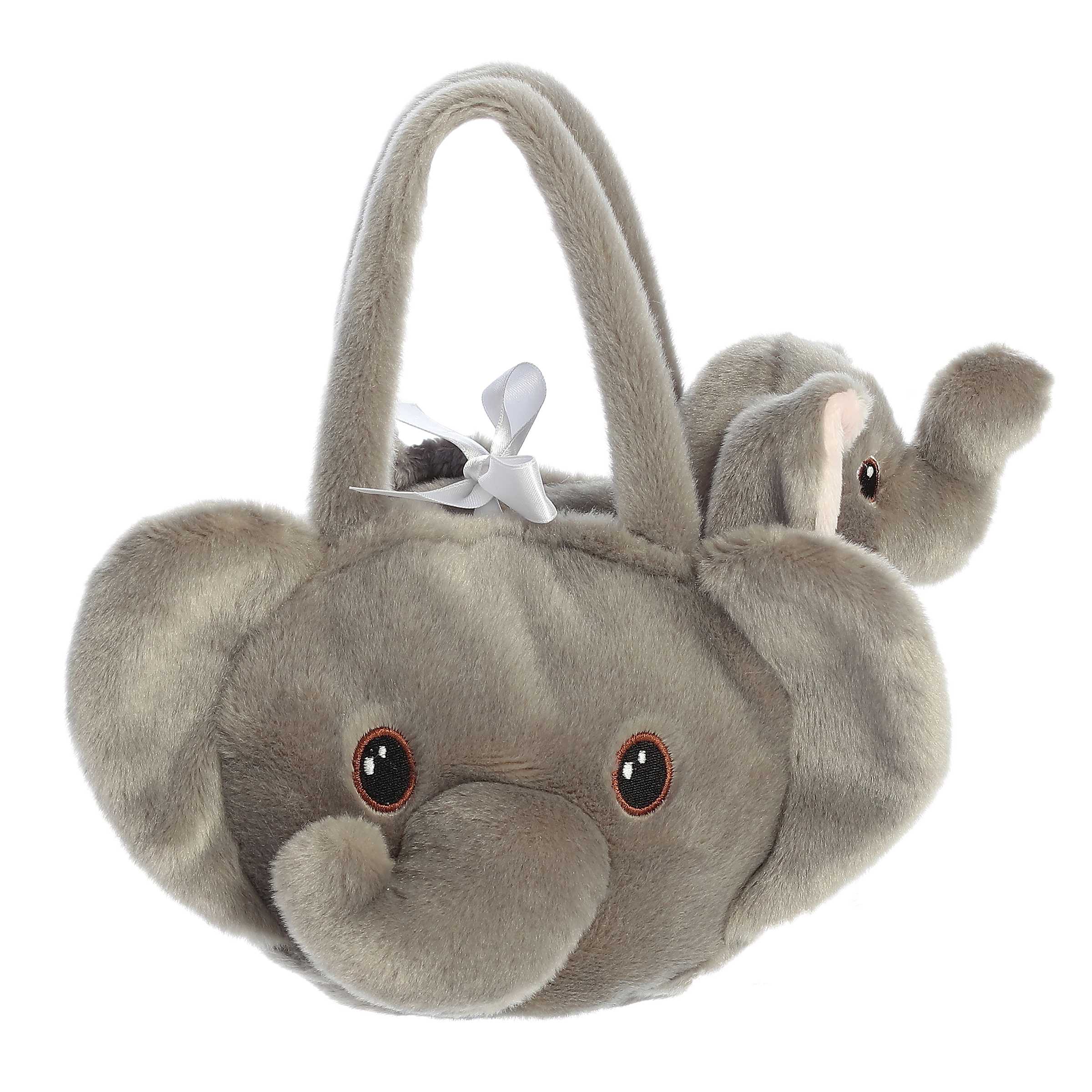 Eco Nation Baby Elephant Plush by Aurora stuffed animals in a plush carrier, made from recycled materials.