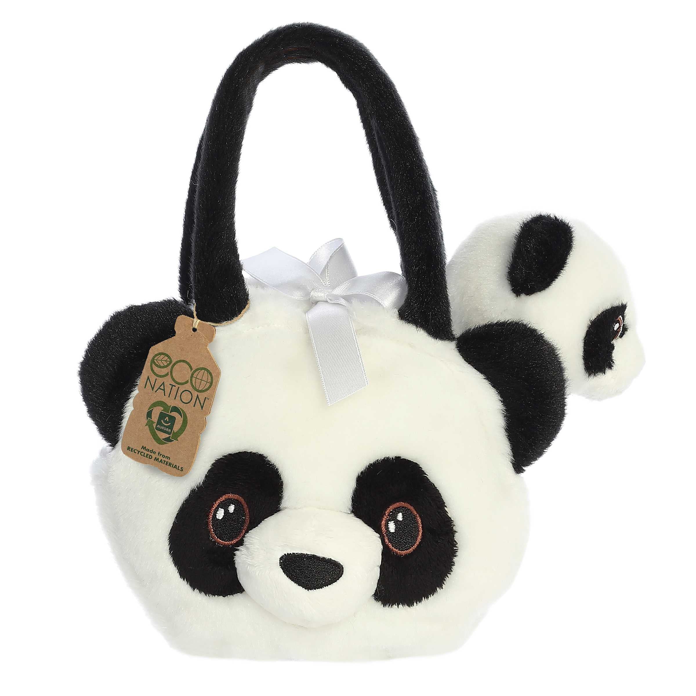 Eco Nation Baby Panda Plush by Aurora with plush panda head shaped carrier, crafted from recycled materials.