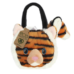 Eco Nation Baby Tiger Plush by Aurora stuffed animals in a tiger head shaped plush carrier, made from recycled materials.