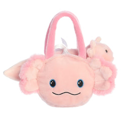 Eco Nation Axolotl Plush by Aurora in a pink Axolotl head-shaped carrier, crafted from recycled materials.