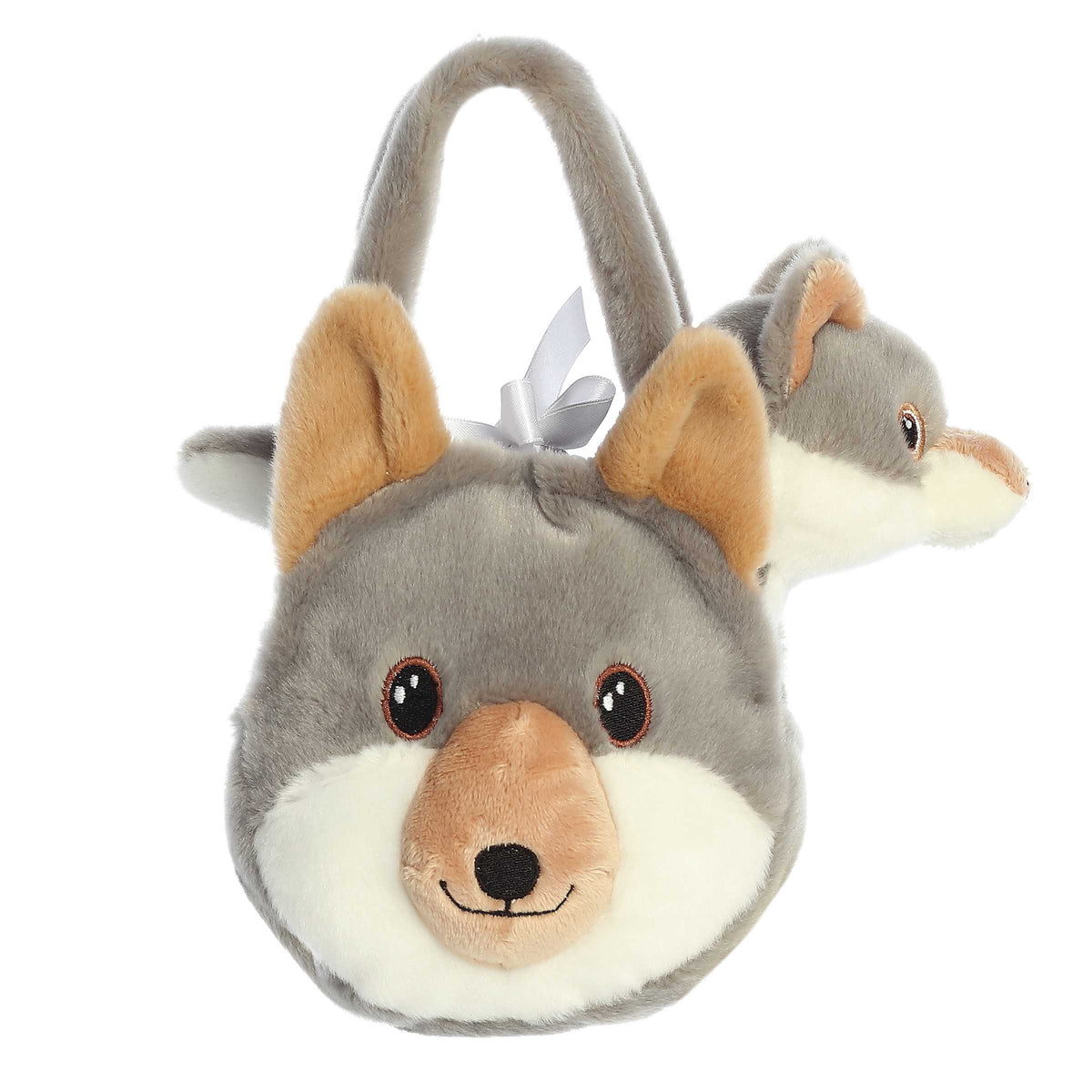 Eco Nation Wolf Plush in a carrier shaped like a wolf face, made from recycled materials.