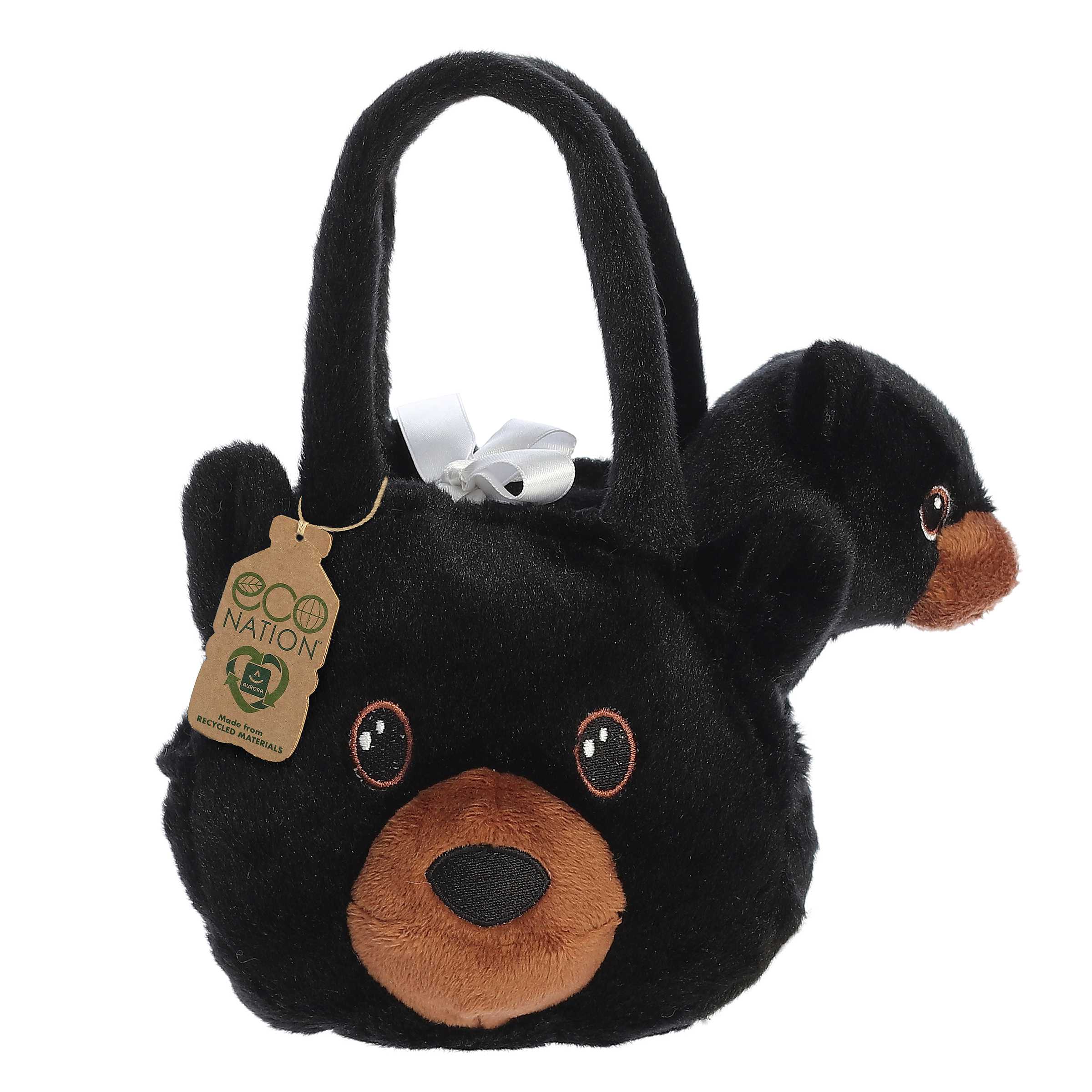 Eco Nation Black Bear Plush in a bear head-shaped plush carrier, crafted from recycled materials.