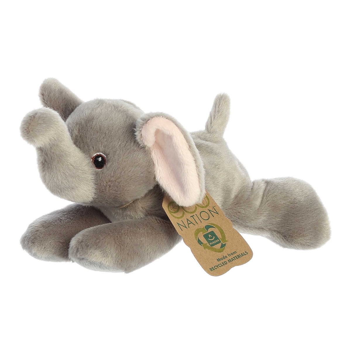 Eco Softie grey Elephant Plush by Aurora with soft fabric made from recycled plastic bottles, featuring the 'Eco Nation' tag.
