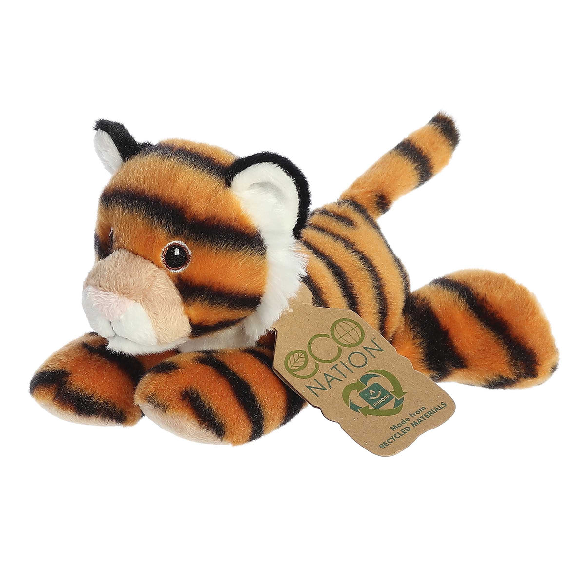 Eco Softie Tiger Plush by Aurora, featuring vibrant stripes and an 'Eco Nation' tag, crafted from recycled materials