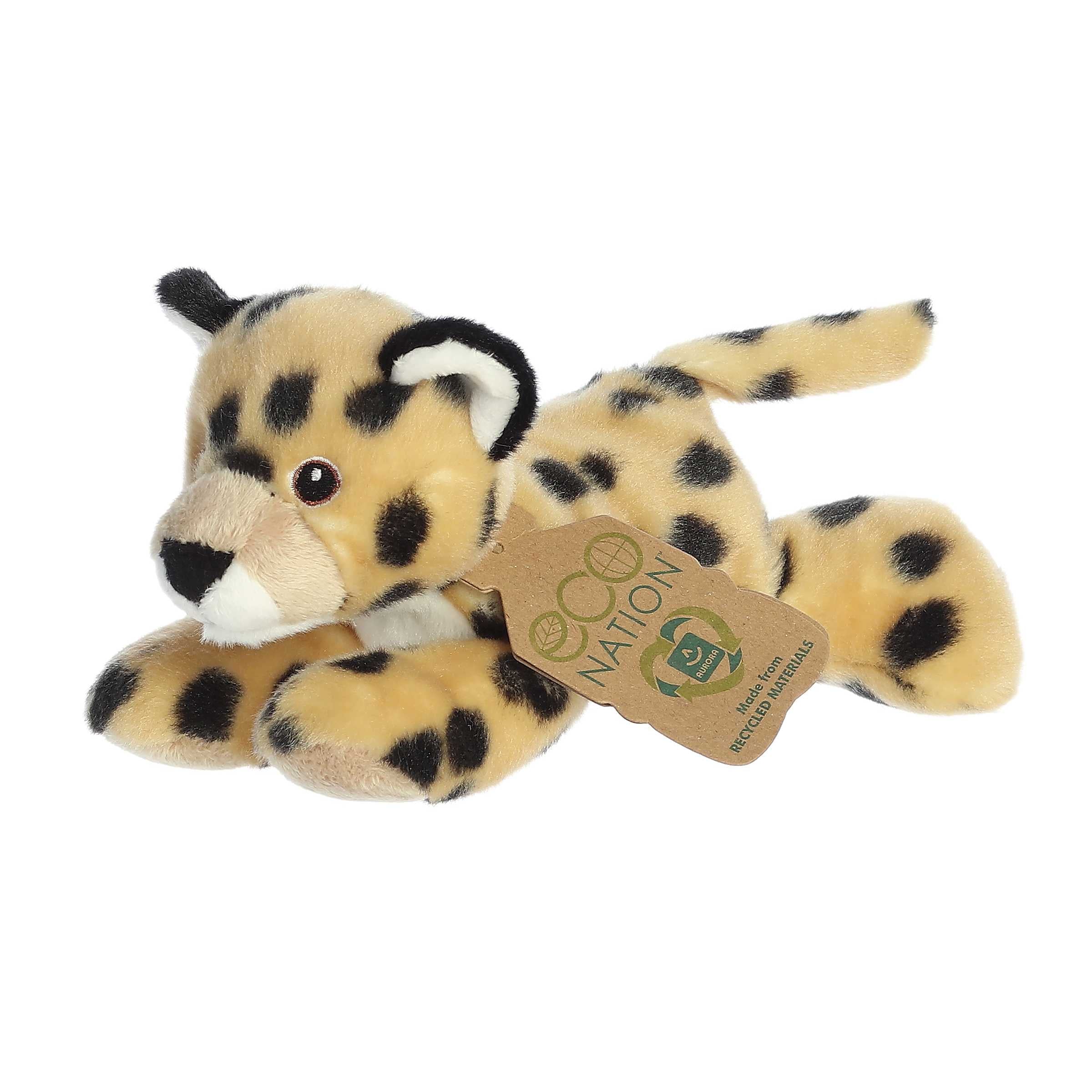 Eco Softie Cheetah Plush, golden fur with spots, made from recycled materials, featuring 'Eco Nation' tag on its neck.