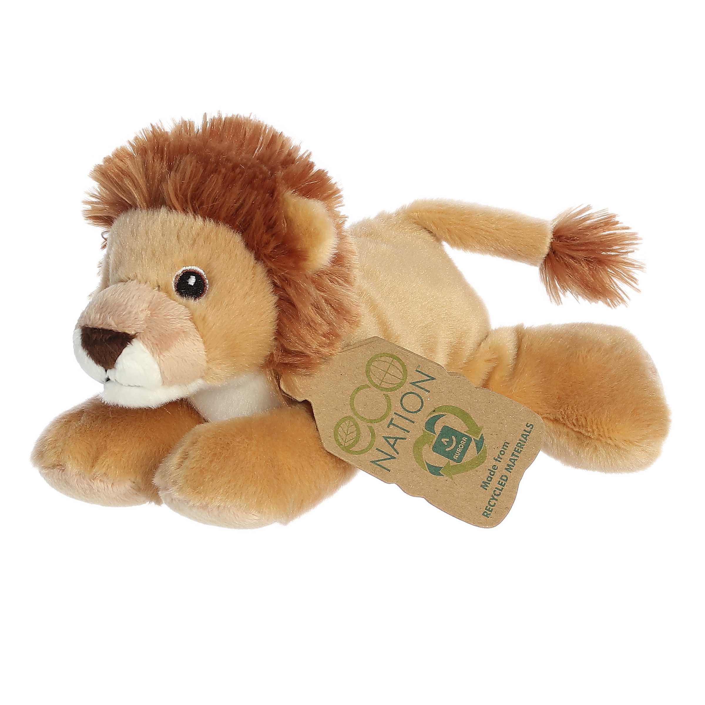 Eco Softie Lion Plush with stately mane and golden fur, featuring 'Eco Nation' tag, symbolizing eco-responsibility.