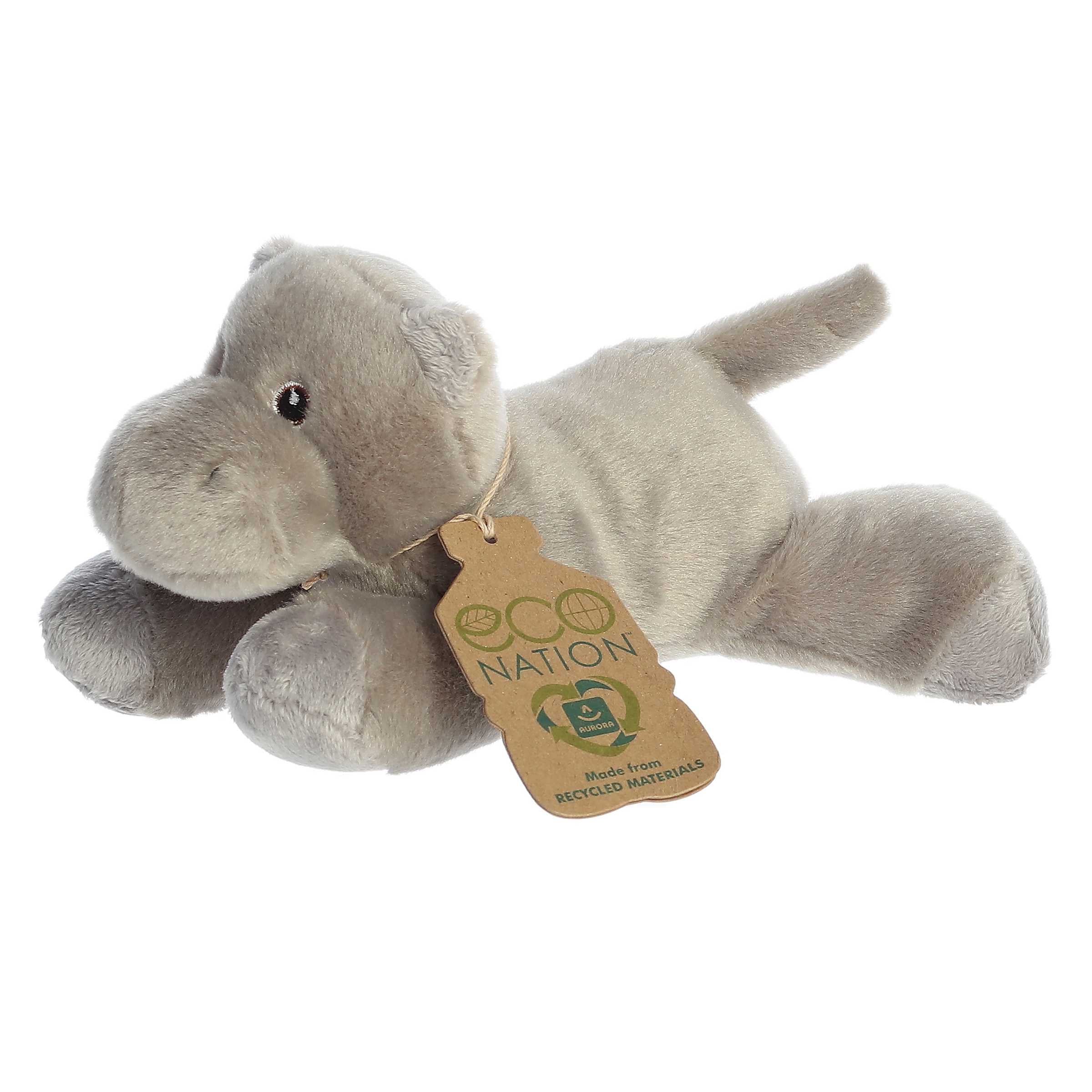 Eco Softie Hippo Plush, grey and soft, made from recycled plastic bottles, with 'Eco Nation' tag around its neck.