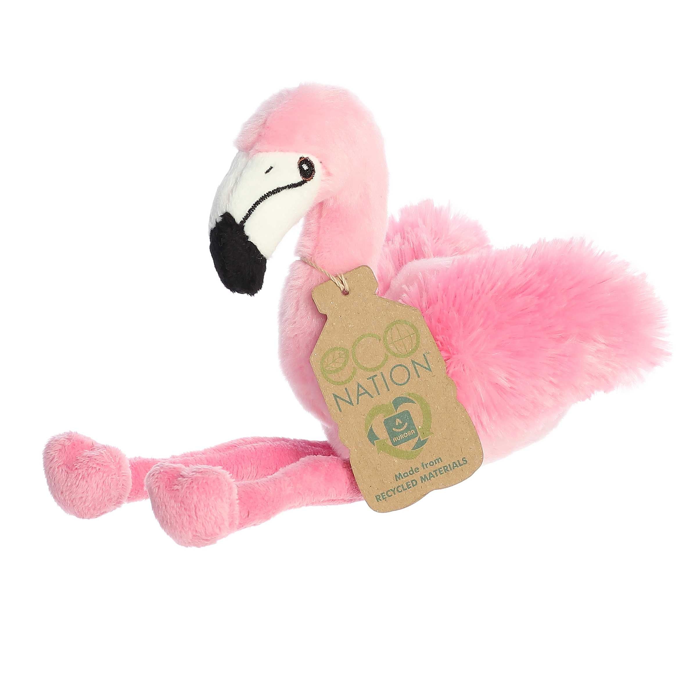 Eco Softie Flamingo Plush, vivid pink, made from recycled materials, with an 'Eco Nation' tag around its neck.