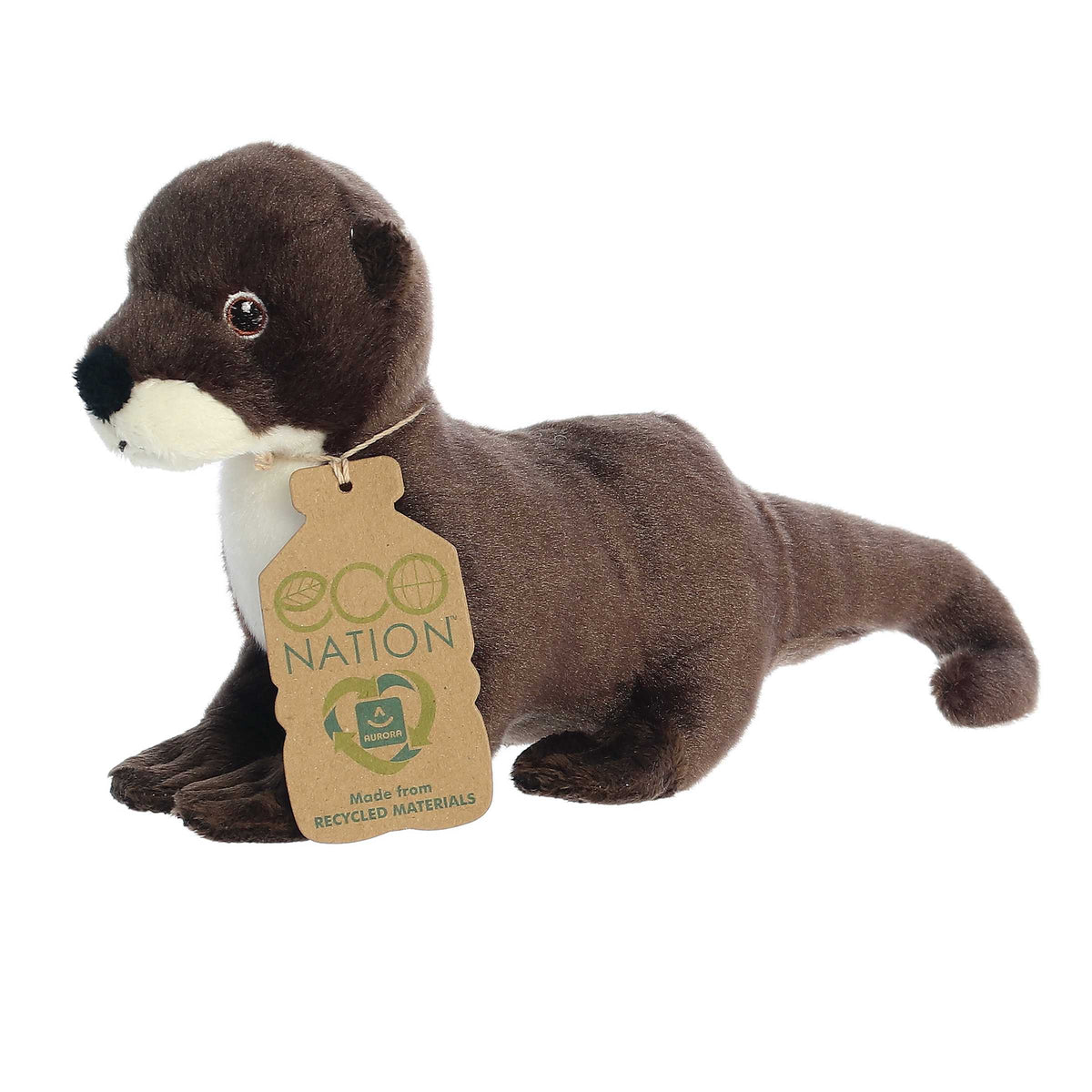 Eco Softie River Otter Plush, velvety brown fur, made from recycled materials, carrying the iconic 'Eco Nation' tag.