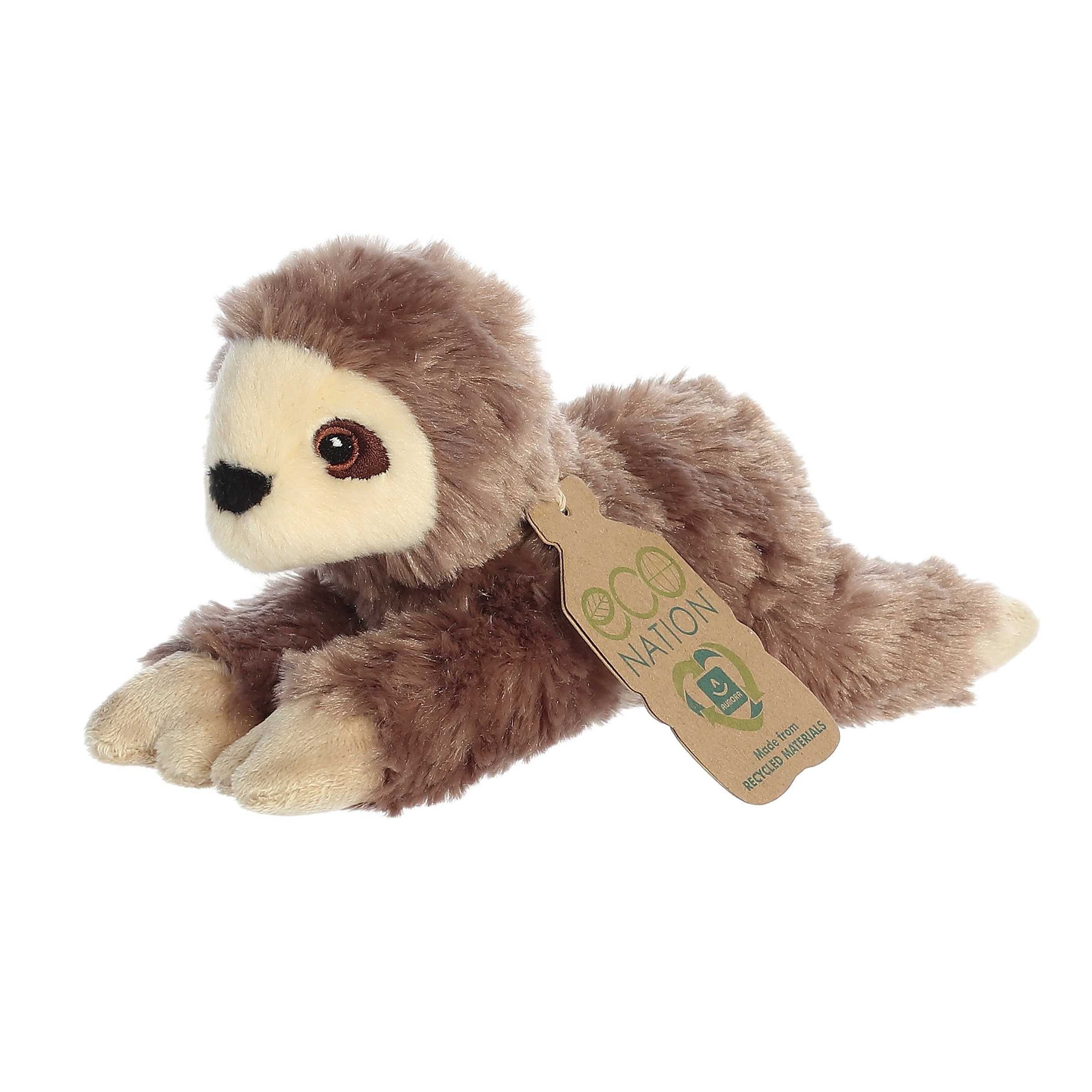 Eco Softie Sloth Plush, with a lovable expression and a fluffy brown coat, bearing the 'Eco Nation' tag for eco-awareness.