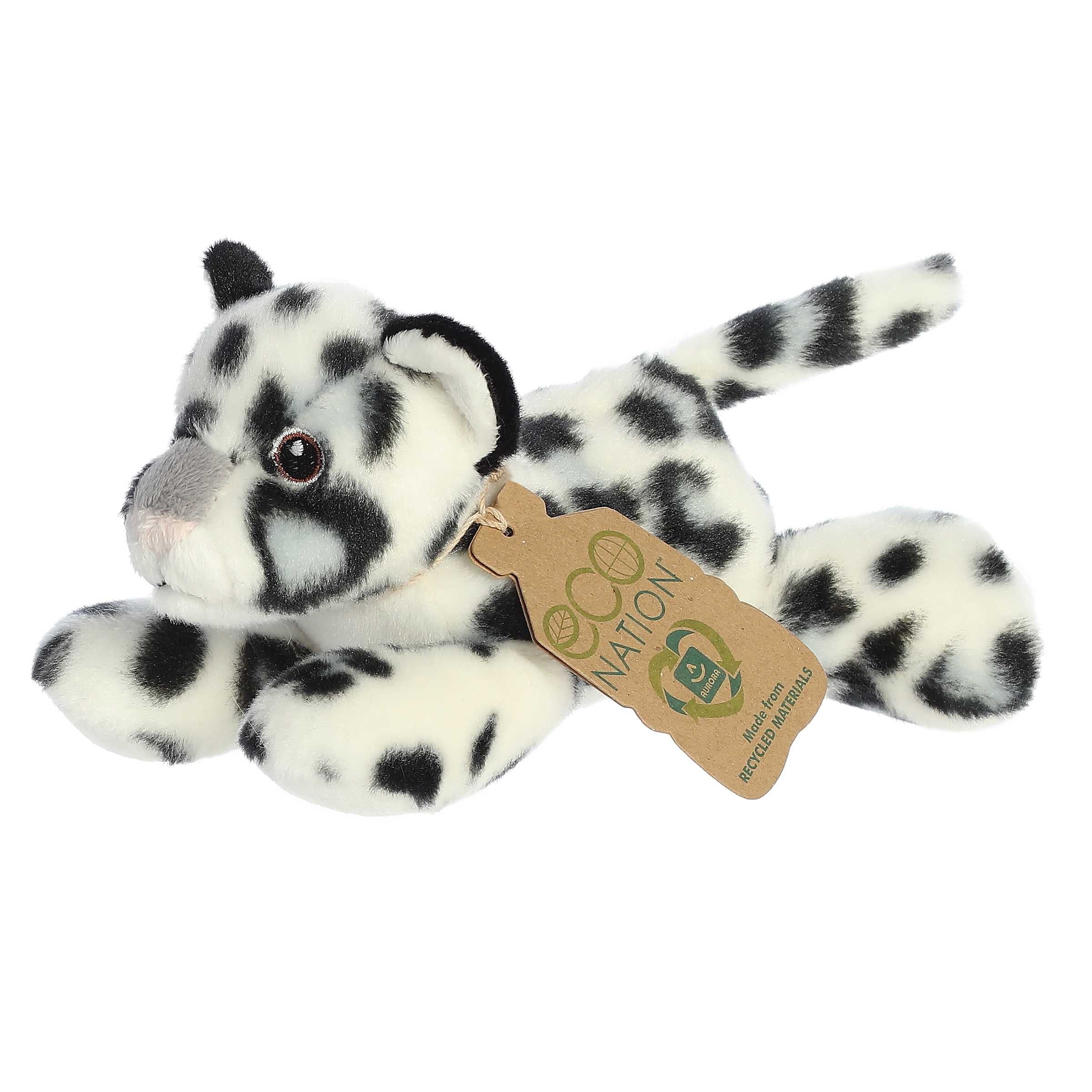 Eco Softie Snow Leopard Plush, featuring a spot pattern and soft fur, with 'Eco Nation' tag, symbolizing environmental care.